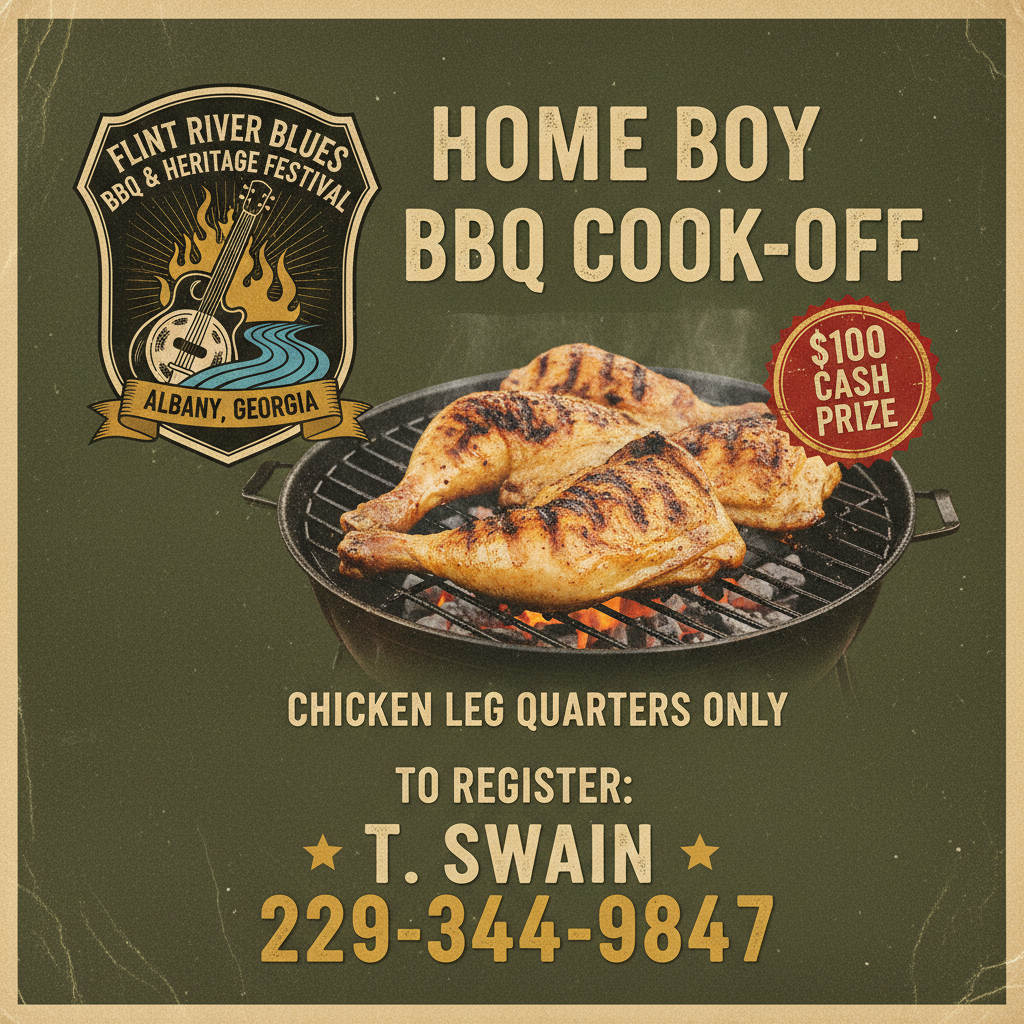 Home Boy BBQ Cook-Off widescreen TV flyer — 16:9 format, $100 cash prize, Flint River Blues & BBQ Festival